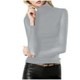 thumbnail image 1 of Hauts d'Été pour Femmes Col Roulé Simulé Haut en Maille Transparente Blouse Extensible T-Shirts à Manches Longues pour Femmes Gris TTTTG, 1 of 4