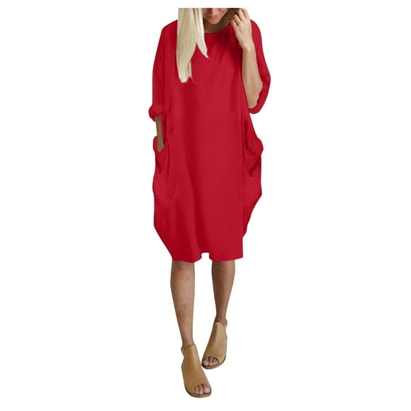 knqrhpse Long Sleeve Dress For Women Women's Pocket Loose Dress Ladies Round Neck Casual Knee-Length Dress Red Dress Womens Dresses Red S