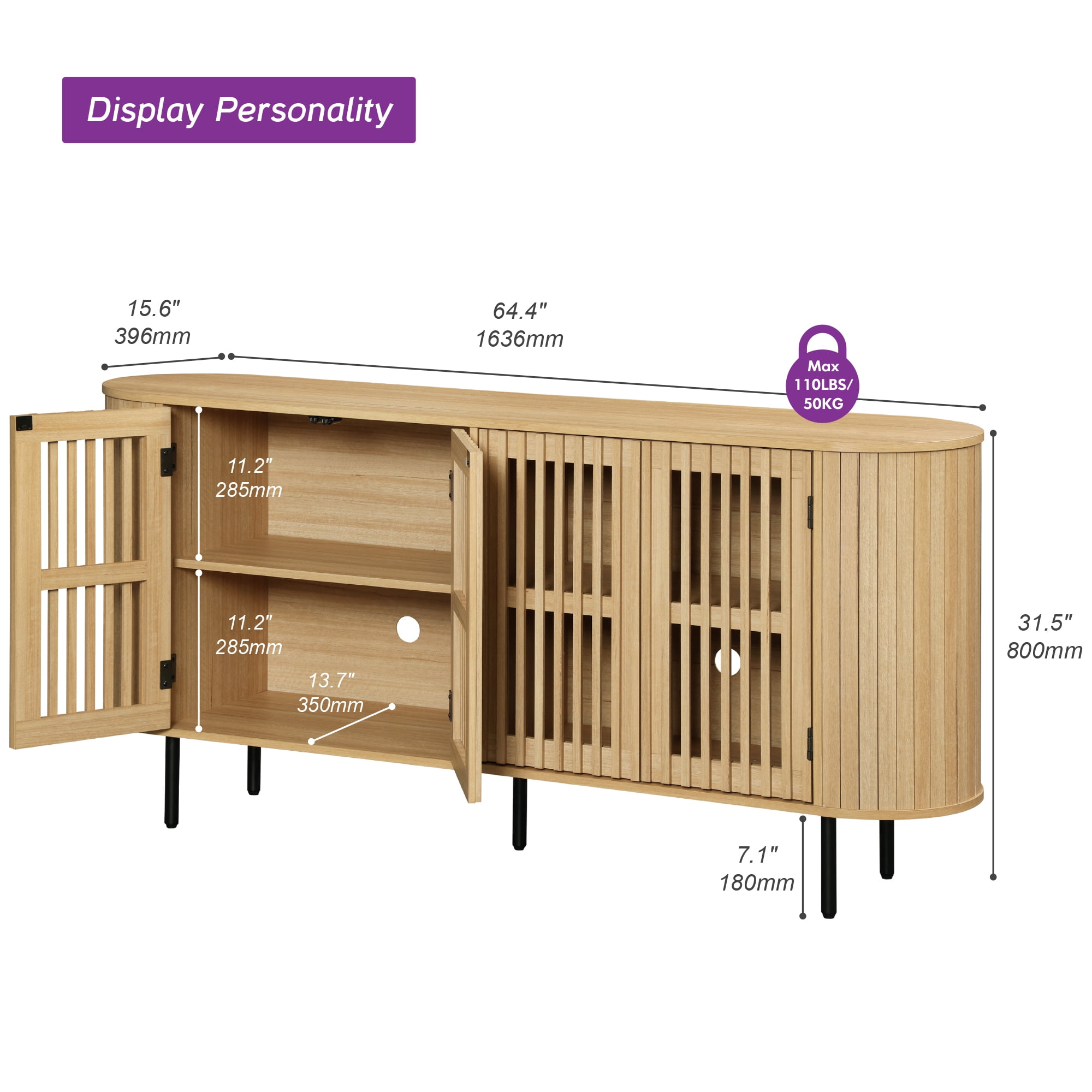 WAMPAT Modern Sideboard Buffet Cabinet with Storage, Wooden Accent Storage Cabinet with 4 Fluted Doors, Credenza with Curved Design for Dining Room, Living Room, Kitchen, Oak