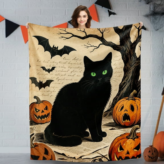 Black Cat Halloween Blanket - Cozy Flannel Throw for Adults & Kids, Cute Fall Winter Gift for Christmas, Birthday, Spooky Decor (50x60")