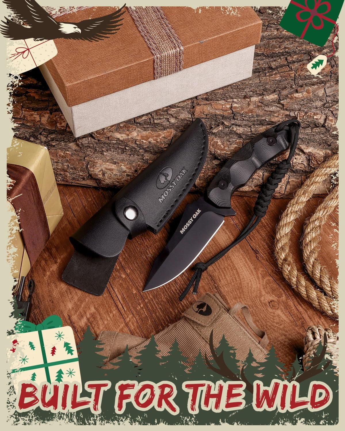 Mossy Oak 9" Fixed Blade Hunting Knife with Sheath, 14C28N Full Tang, G10 Handle Outdoor Knife for Survival, Camping, Hiking(Black)