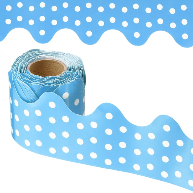 Borde de Tablero de Anuncios Uxcell Dots, 33 Pies Decoración de Póster de Pizarra de Corcho Recorte Bordes Ondulados Decoración de Pared para Aula Oficina Taquilla, Azul Claro