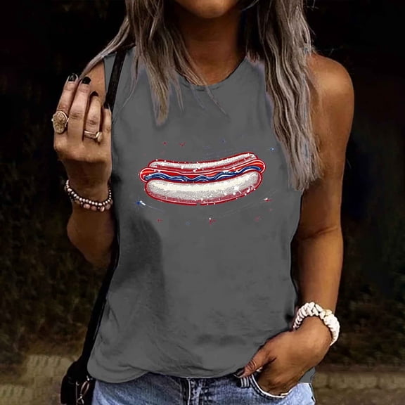 Mifsaly Women Crewneck Sleeveless Tank Tops Cotton Hotdog Graphic Patriotic Summer Shirts Loose Fit Soft Breathable Versatile Vacation Holiday Wear XL