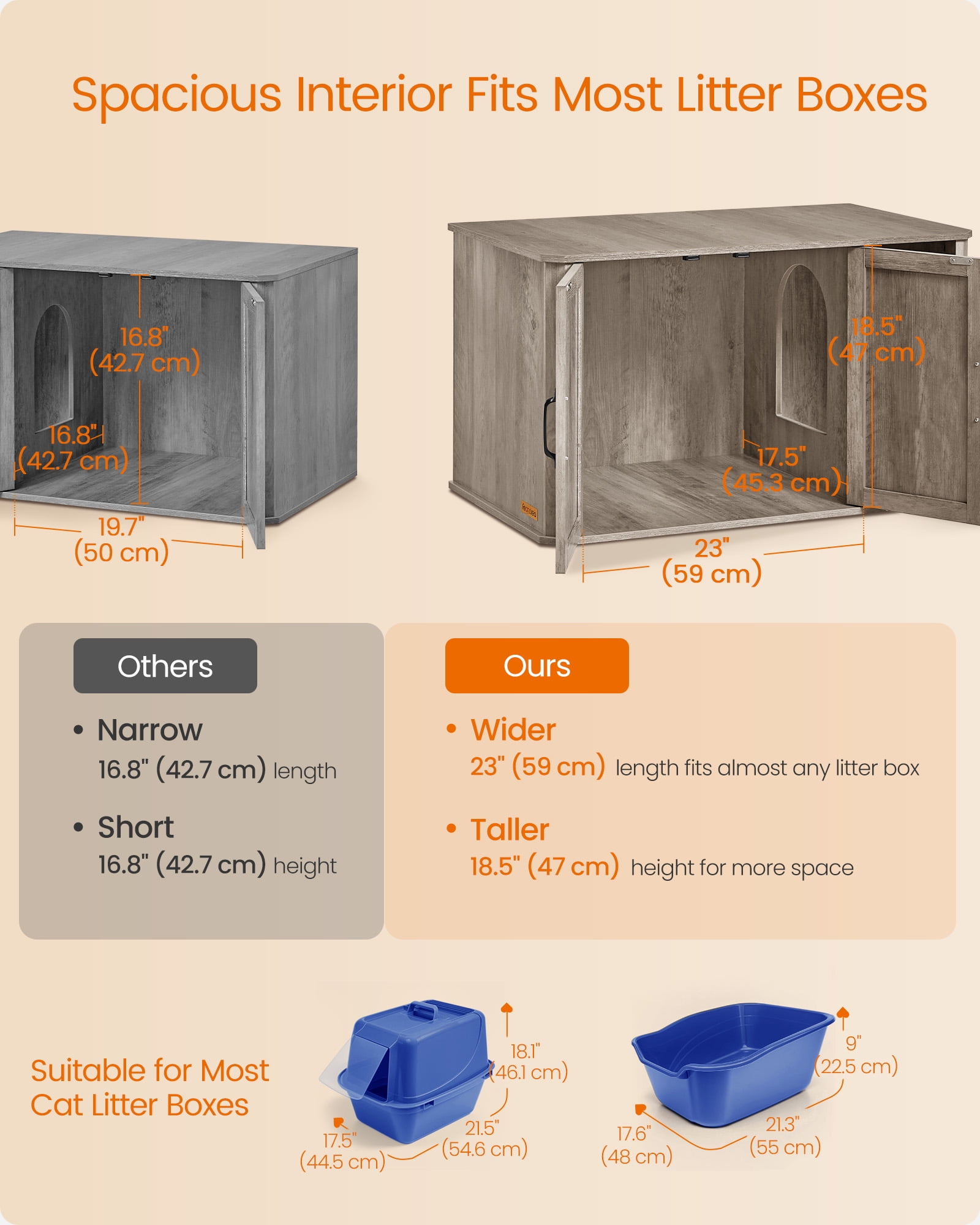 Litter Box Enclosure, Modern Cat Litter Box Furniture Hidden, with Front Entry, Double Doors, Handles, Cat House, Side End Table, 33.5 x 19 x 19.5 Inches, Heather Greige