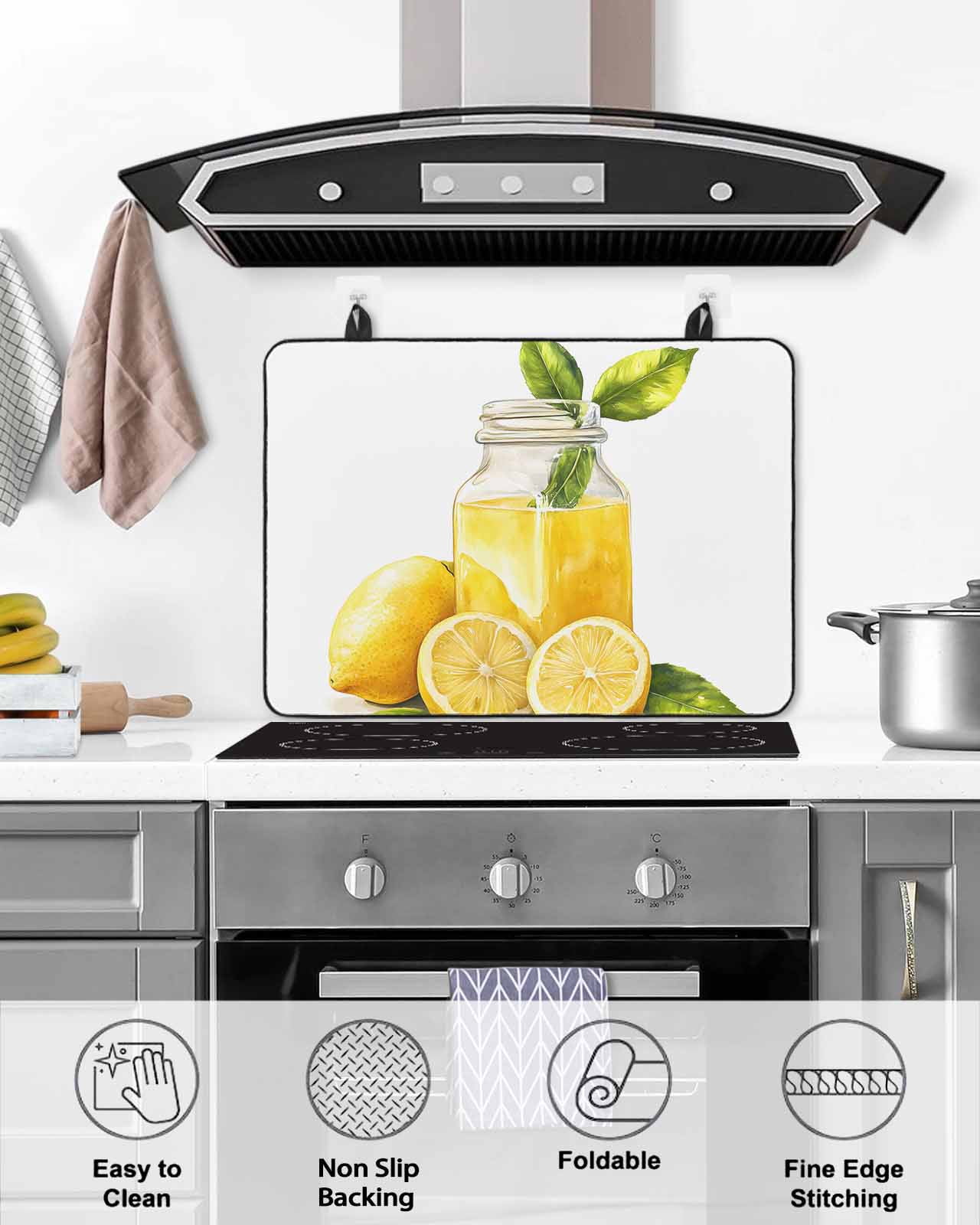 nqOlkjepod Large Induction Cooktop Protector Mat 36"x21", Summer Lemon Stove Top Covers for Electric Stove, Yellow Watercolor Pastel Country Retro Stove Burner Cover Mats, Glass Top Stove Cover