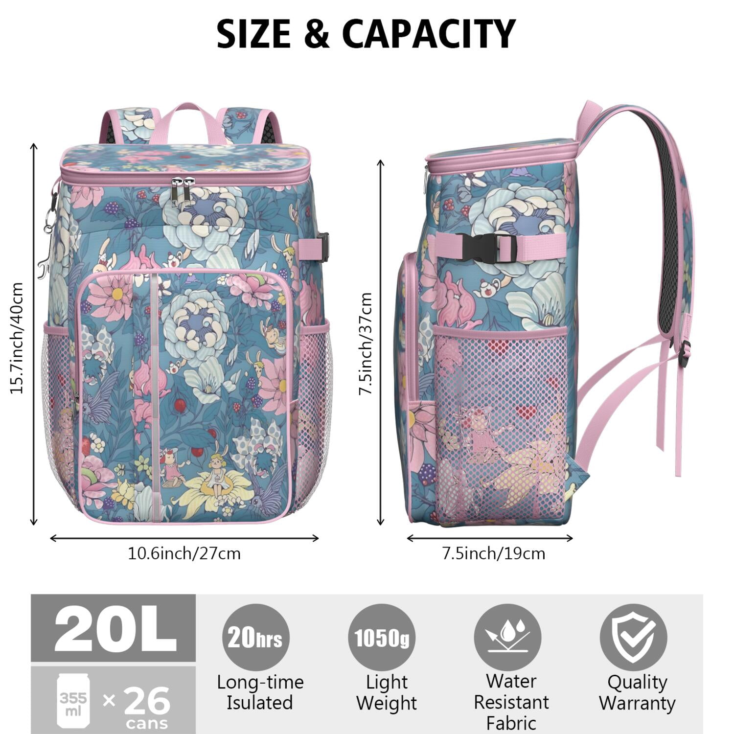 Travel Cooler Bag - Pioneer Flower Floral Print Pattern Camping Beer Cooler Backpack with Bottle Opener- Waterproof Insulated Picnic Backpacks - Cooler Bag for Beach