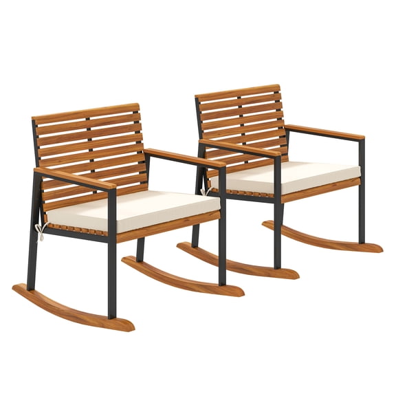 Wood Outdoor Lawn Rocking Chair Set of 2, Outdoor Patio Rocking Chairs with Armrests, Cushion, Cream White