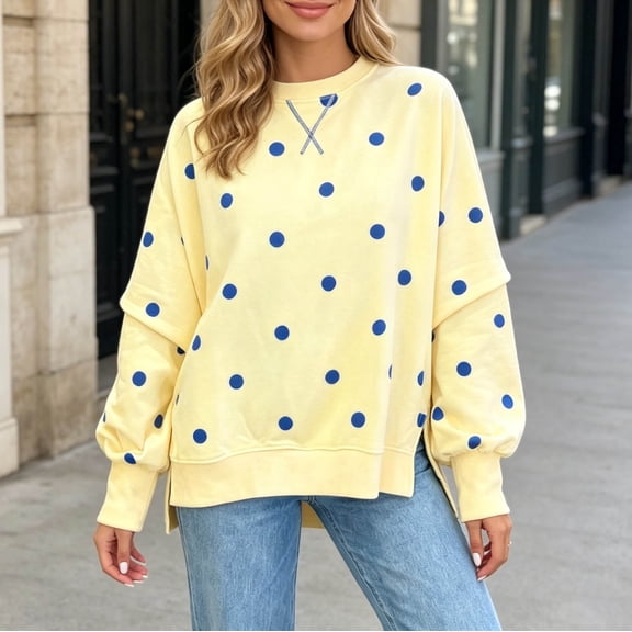 Trikvn Women's Polka Dot Sweatshirts Crewneck Long Sleeve Oversized Pullover Tops with Side Slits Casual V-Stitch Loose Fall Winter Loungewear Cute Streetwear