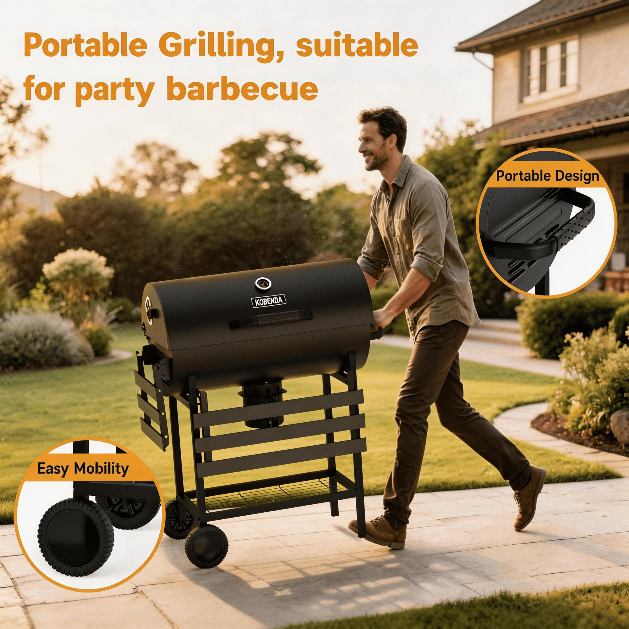 KOBENDA 29" Barrel Charcoal Grill with Foldable Side Table & Removable Ashtray for Backyard, Black