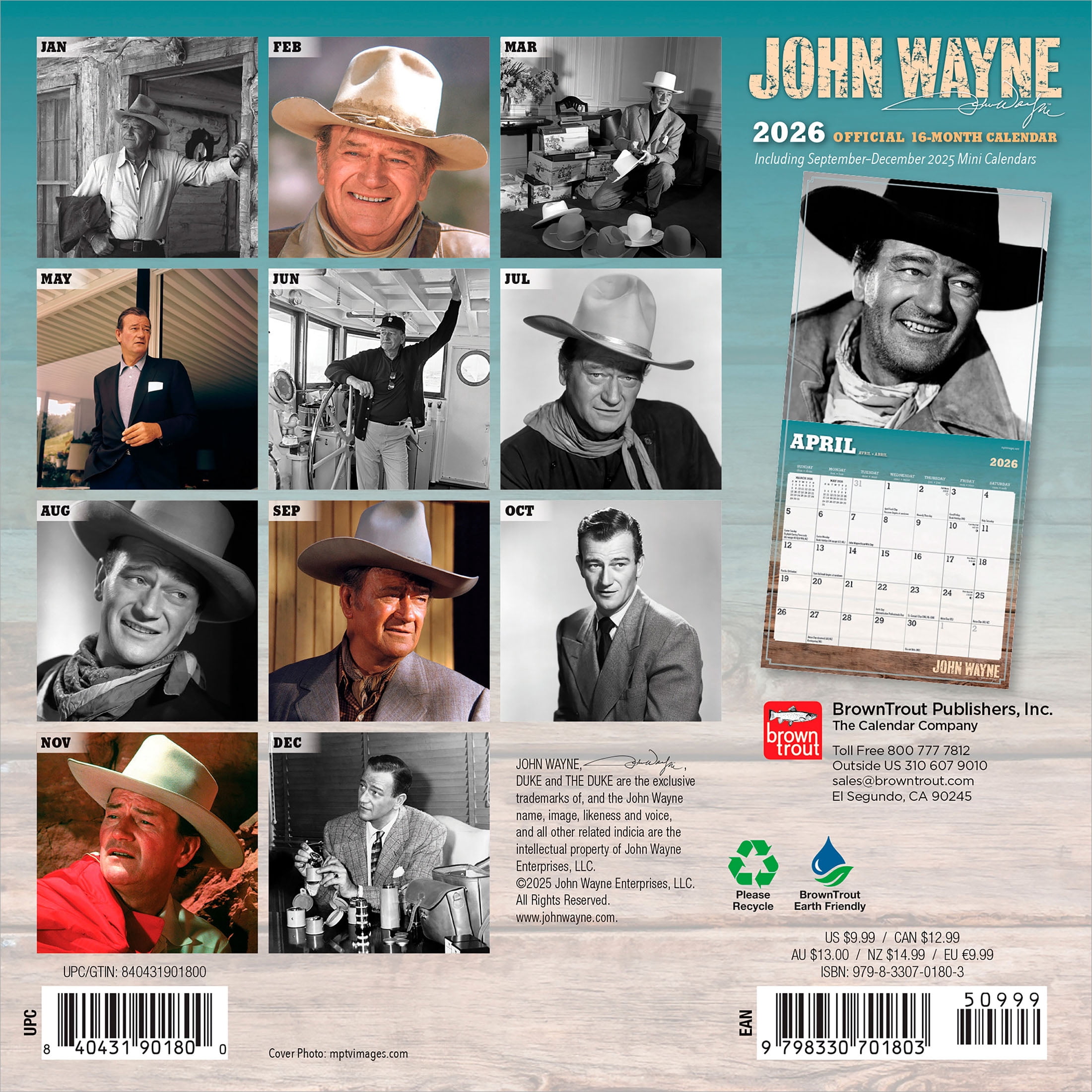 John Wayne OFFICIAL | 2026 7x14" (Hanging) Mini Wall Calendar | BrownTrout
