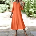 thumbnail image 5 of Wyobmus Summer Casual Dresses for Women 3/4 Sleeve Linen Midi Dress Flowy Solid Color Round Neck T-Shirt Dress Orange, 5 of 9