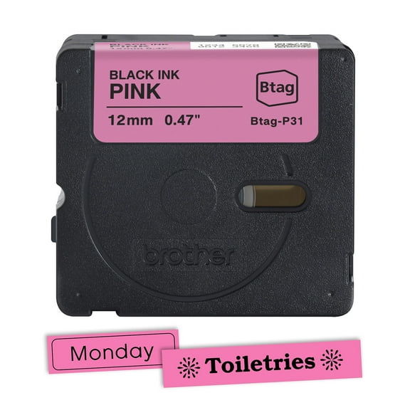 Brother Genuine P-touch BTAGP31 Black on Pink Label Tape, ~1/2in by 13.1ft (12mm x 4m) for Ptouch Label Makers