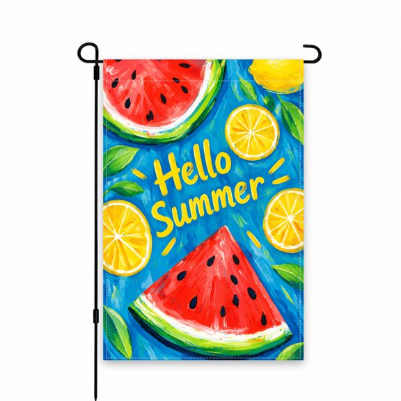Hello Summer Garden Flag 12x18 Inch, Colorful Watermelon and Citrus Design, Bright Seasonal Outdoor Decor for Lawn, Patio, Yard, or Porch Display
