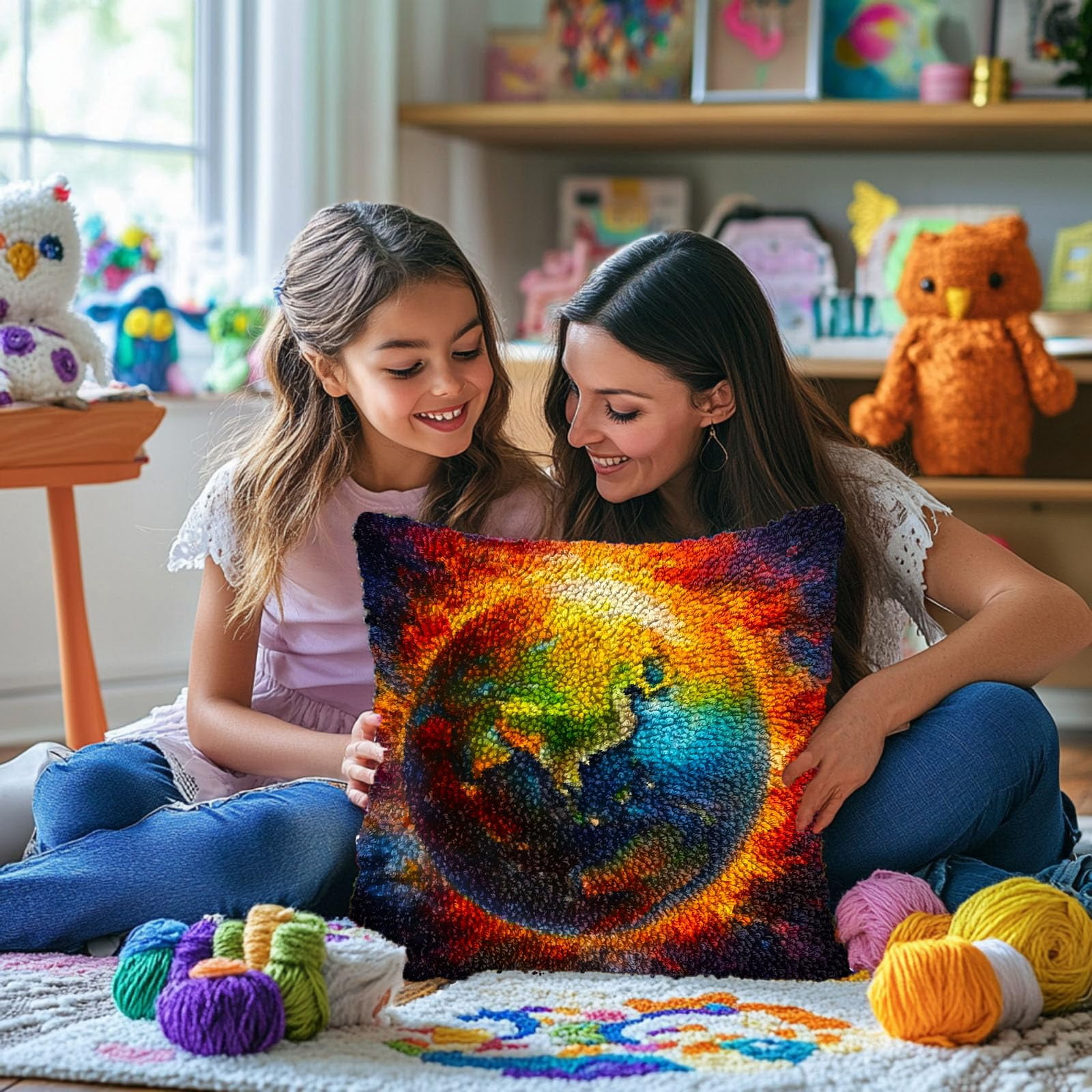 Earth in Sun Circle DIY Latch Hook Pillow Kits for Adults Printed Pillowcase Crochet Yarns Hooking Handmade Pillow Cover Cushion for Home Sofa Decoration 17x17inch