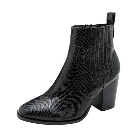 

Women Ankle Boots Pointed Winter Snake Pattern Lightweight Square High Heel Zip Shoes Solid Color Bootie Black Boots women size 7