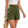thumbnail image 5 of CIENVNSTG Bermuda Shorts for Women Solid Color Summer Dressy Casual Elastic High Waisted Shorts Roll Up Pleated Wrap Hem Wide Leg Knee Length Shorts with Pockets for Daily Wear Army Green M, 5 of 5