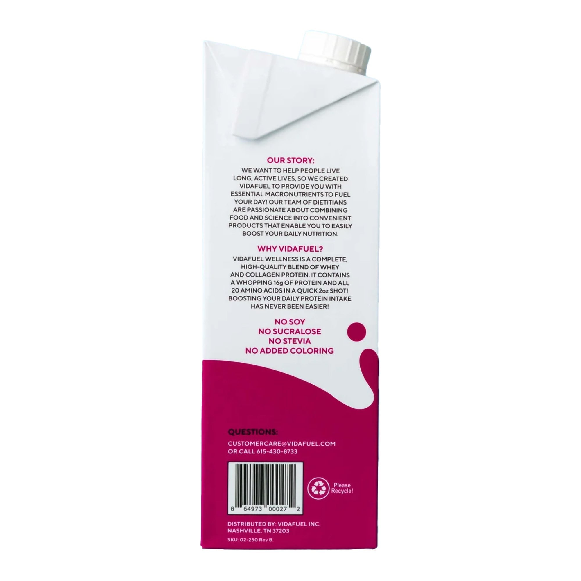 Vidafuel Concentrated Protein Shot - 16g of Protein per 2oz. - Collagen & Whey Protein Drink, No Artificial Sweeteners, 32 fl oz. - Berry, 1 Ct