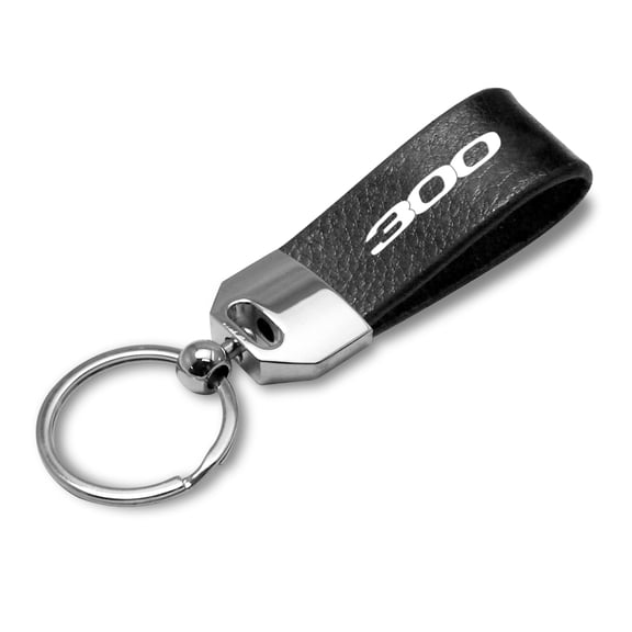 iPick Image for Chrysler 300 Black Real Leather Loop Strap Chrome Metal Key Chain, Official Licensed