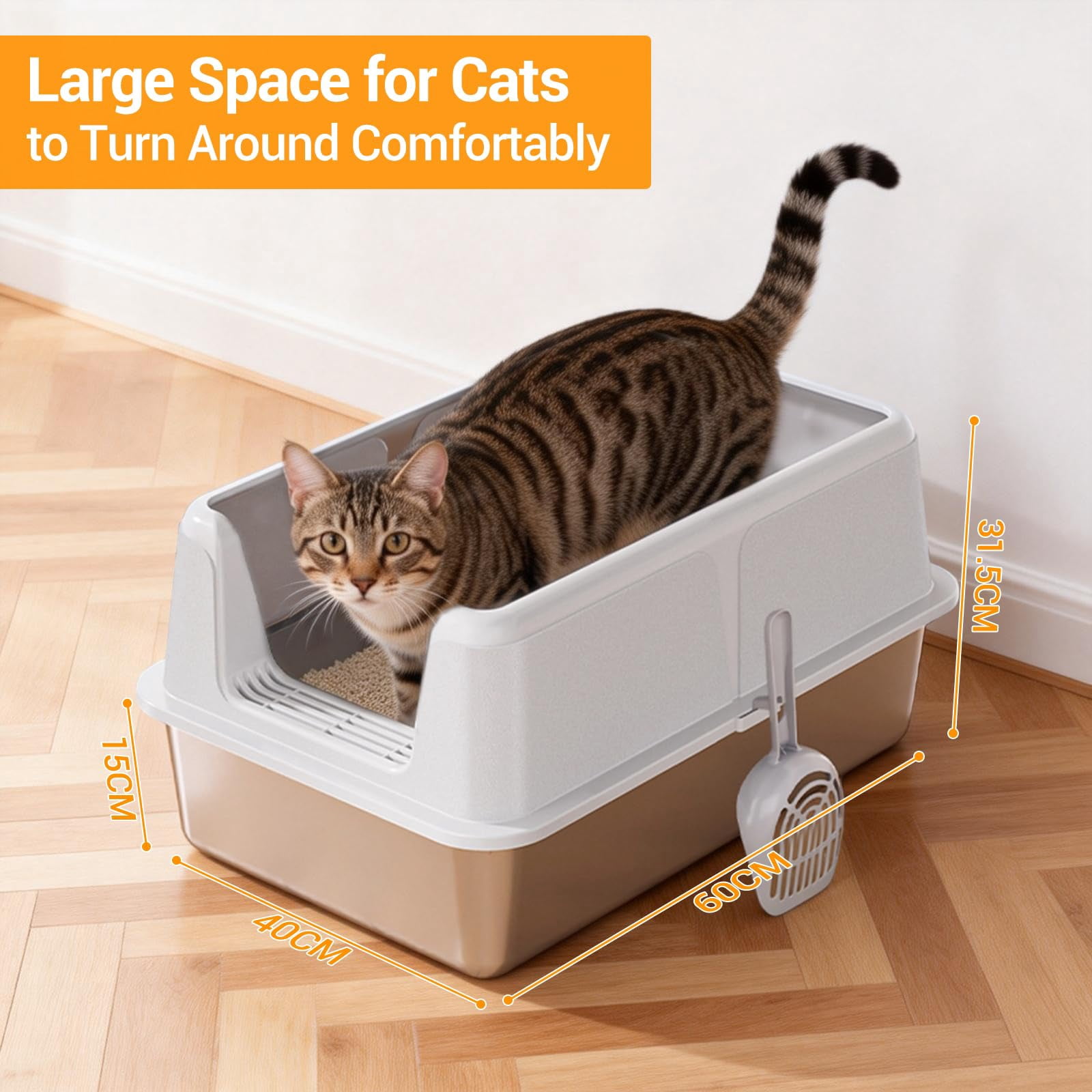 Stainless Steel Cat Litter Box with Lid and Scoop 60x40x31.5CM, Easy to Clean Cat Litter Trays, High Sided, Non-Stick, Leak-Proof Metal Cat Litter Box for Cats,Grey