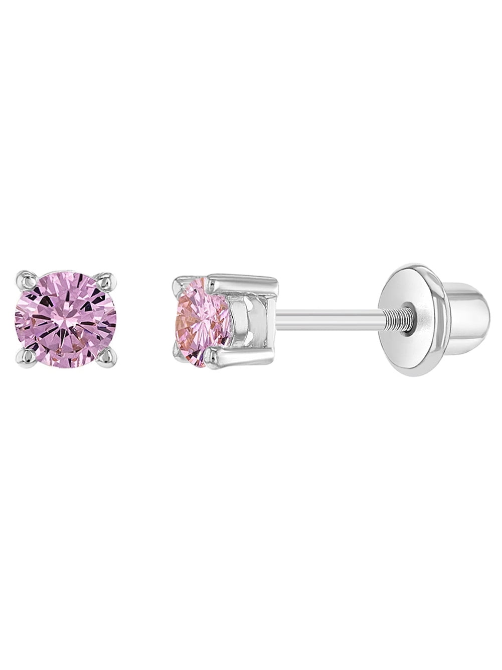 Rhodium Plated Round Pink Crystal Bezel Screw Back Earrings for Girls 