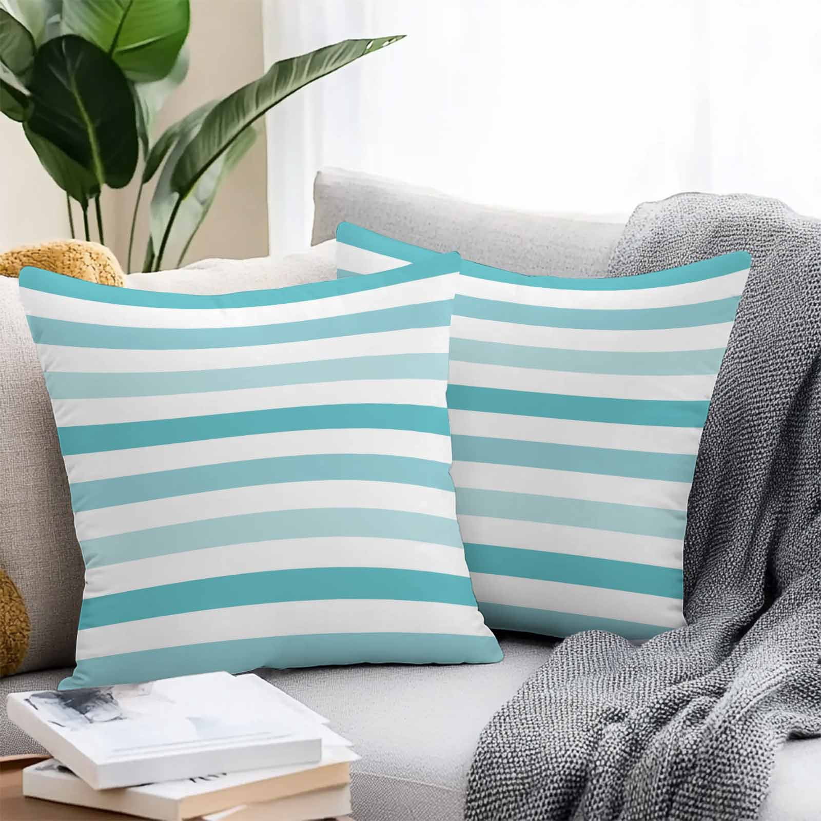 Aqua Green White Striped Outdoor Pillow Covers Set of 2 Modern Minimalist Abstract Lines Waterproof Throw Pillow Case Decorative Square Cushion Cover for Patio Couch Garden Balcony, 24"x24"