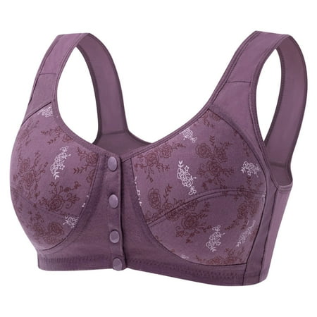 Ecqkame Bras for Old Women No Underwire Seamless Push Up Front Closure Bra Full Coverage Comfortable Breathable Everyday Bra D-Purple M on Clearance