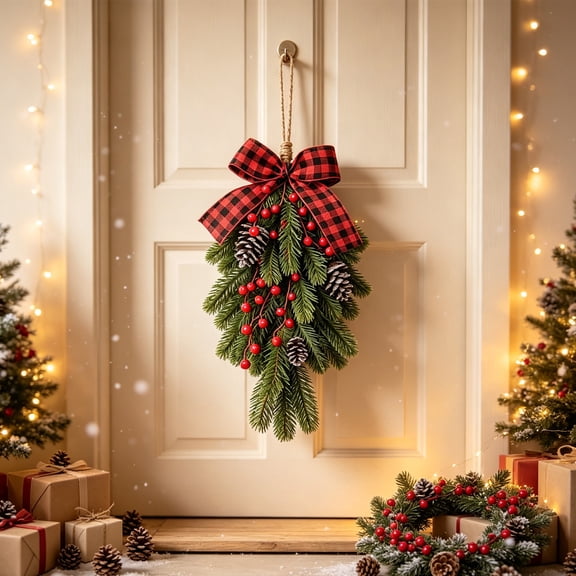 Cadancy Christmas Door Hanger Swag with Pine Branches Pine Cones Berry Clusters Buffalo Plaid Bow Jingle Bells Rustic Farmhouse Entryway Wall Decoration Holiday Party Supplies
