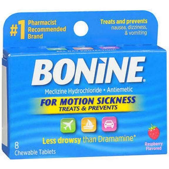 Bonine Motion Sickness Protection, Chewable Tablets, Raspberry 8 ea (Pack of 2)