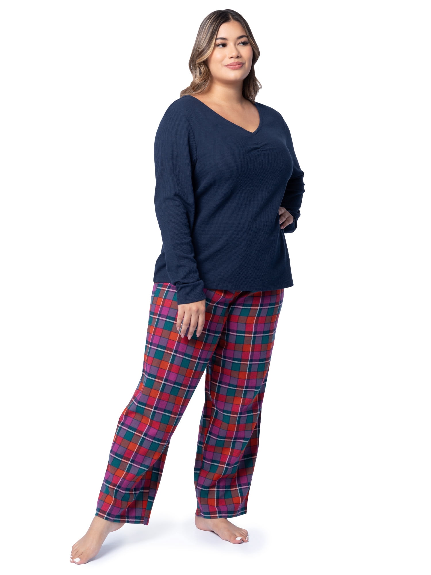 Fruit of the Loom Women's Beyond Soft Long Sleeve Waffle Top and Flannel Bottom Pajama Set, Sizes S-4X