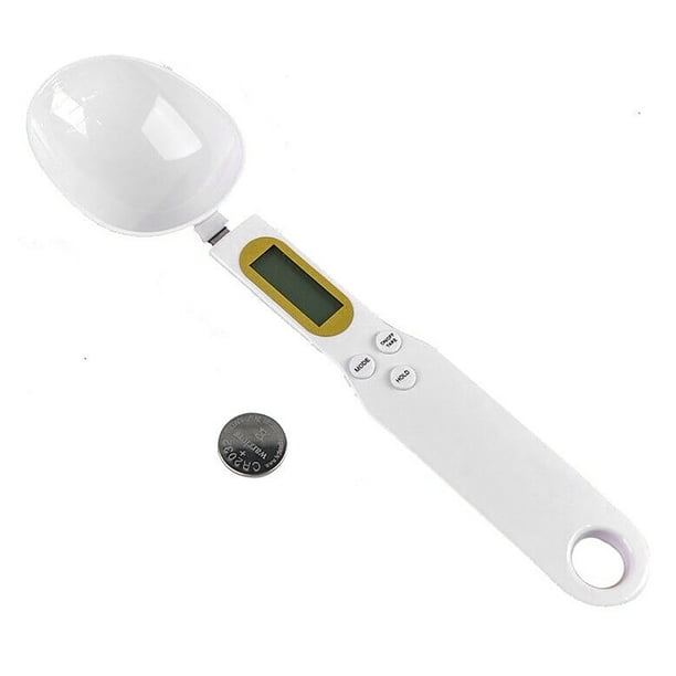 Báscula electrónica de cuchara blanca compacta, sensible, de alta precisión, con cuchara medidora desmontable para hornear alimentos.