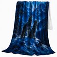 thumbnail image 2 of Two Wolves beneath Full Moon in Blue Forest, Dramatic Rustic Style for Wildlife Lovers, Mountain Pack Scene and Christmas Gift, Warm Flannel Blanket for Cabin and Lodge, Home Decor, 2 of 9