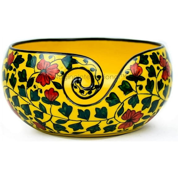 Nagina International Ceramic Attractively Hand Painted Gorgeous Stoneware Yarn Ball Storage Bowl with Innovative Dispensing Curl | Knitting & Crochet Accessions (Large, Yellow Shrubs)