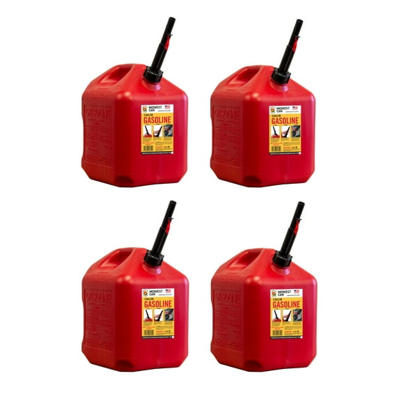 (4 pack) Midwest Can Company, 5610, 5 Gallon Capacity Gas Can with Flame Mitigation Device, Red