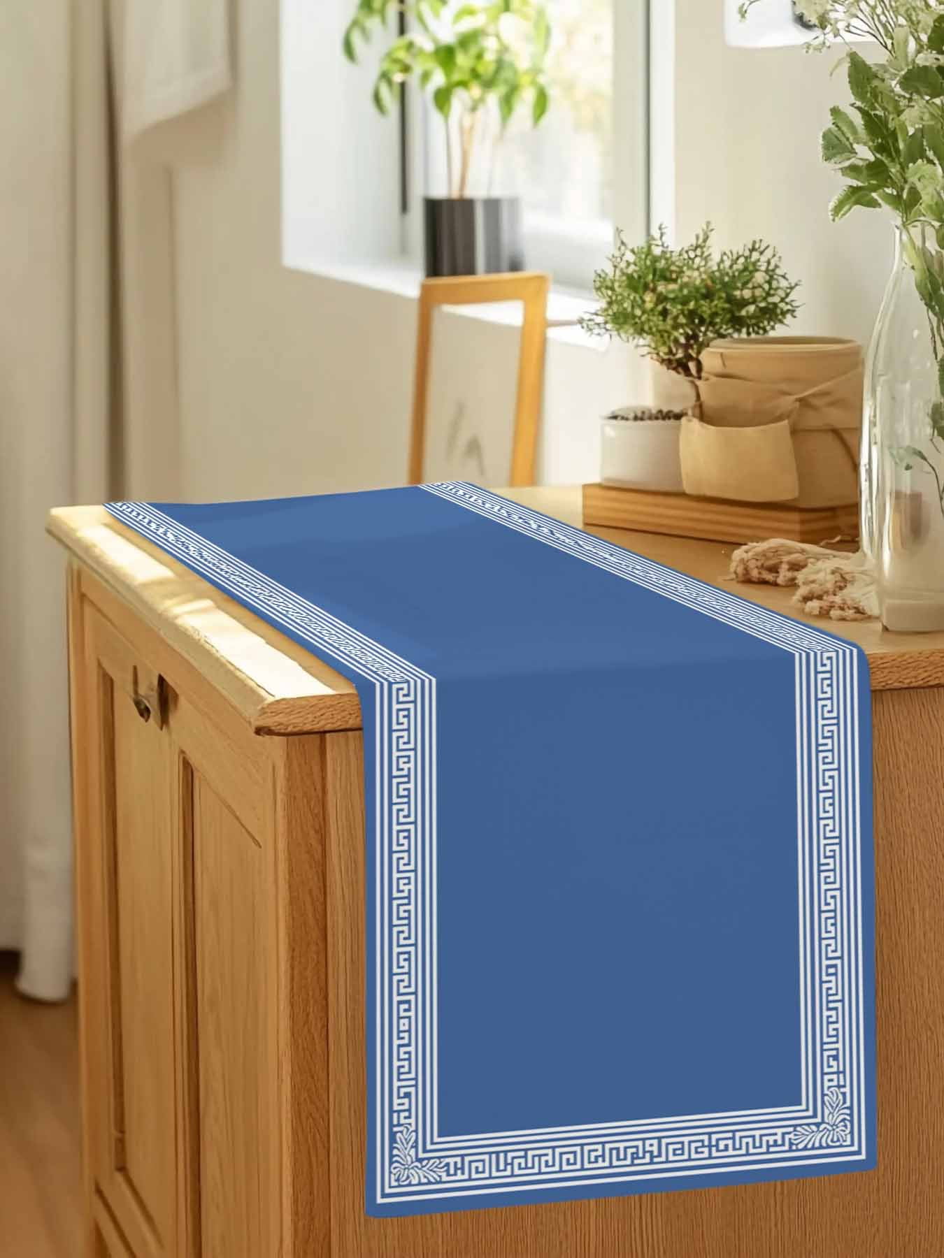 Blue Back Pattern Retro Greece Table Runner 90 Inches Long, Abstract Geometric Texture Table Runners Tabletop Scarf Kitchen Dining Tables Decoration for Home Party Indoor Outdoor
