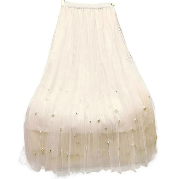 Pearls Tulle Skirts For Women Midi Length Elastic Waist Mesh Tulle Skirts One Size Fits All