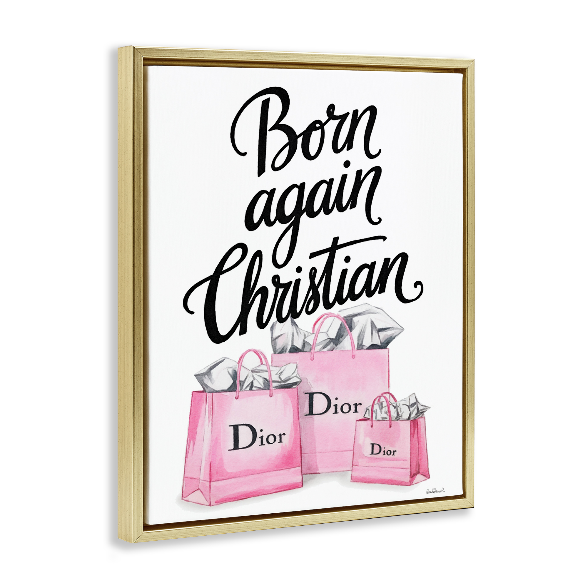 Pink Bags Born Again Christian Gold Framed Floater Canvas Wall Art, design by Amanda Greenwood