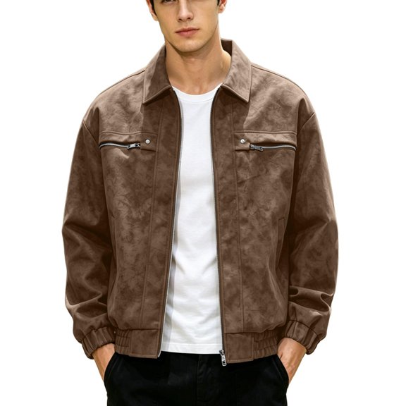 Zpzdpjkx Mens Lapel Suede Zip Jacket Fashion Elastic Cuff Hem Soft Long Sleeve Outerwear for Street Dating Daily Casual Bomber Coat