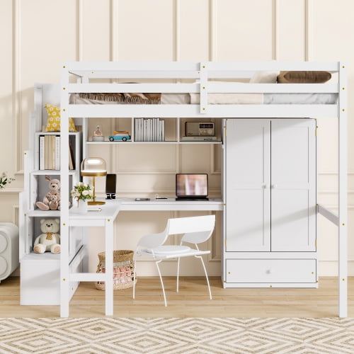 Full Size Loft Bed with Desk, Wardrobe and Storage Staircase, Pine Wood Loft Bed with Bookshelves, Charging Station and Safety Guardrails, White