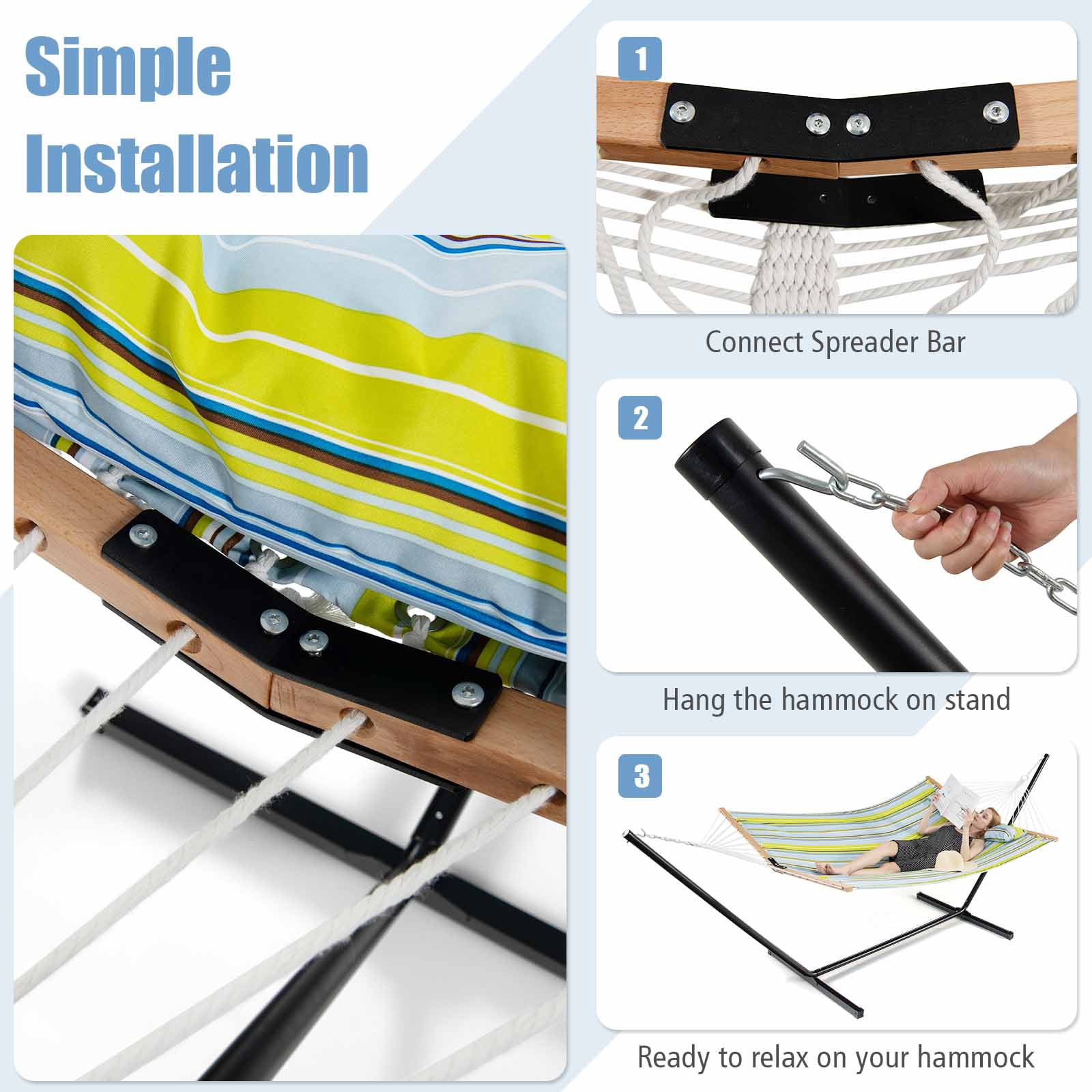 Patiojoy Portable Hammock W/ Spreader Bars & Detachable Pillow Quick Dry & Water Proof Material Hand Woven Cotton Rope Light Blue + Yellow