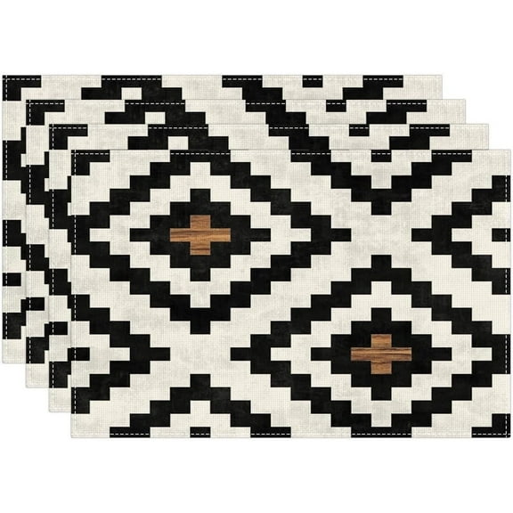 4pcs Geometric Black Brown Bohemian Western Placemats Table Mats Durable Washable Rustic Linen Vintage Placemats for Home Dinner Party Camping Wedding Table Decoration