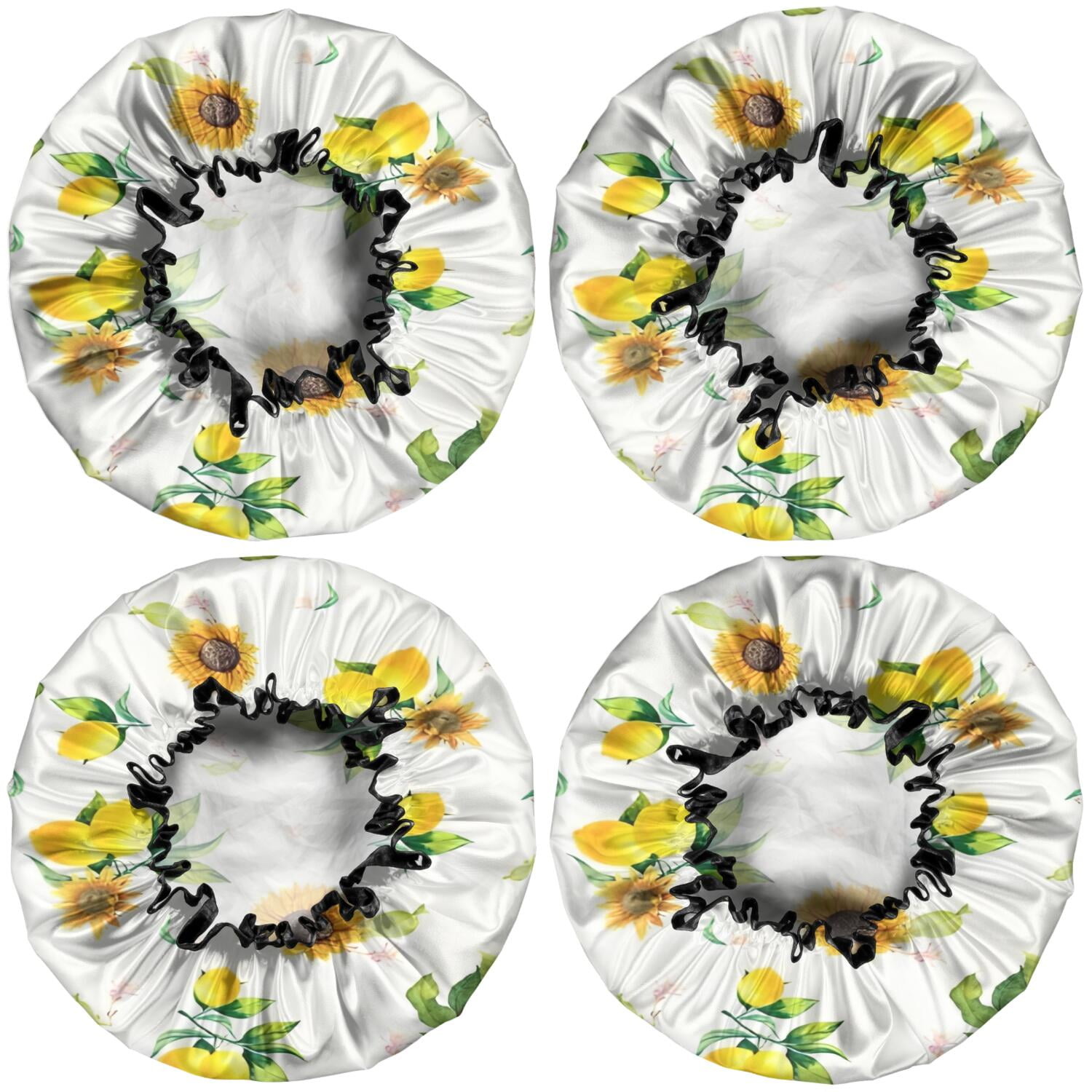 Shower Caps,Yellow Lemon Fruit Sunflowers White Pattern Waterproof Shower Cap for Women 4 Pieces,Double Reusable Hair Cover for Shower PEVA Elastic Stretch Hem