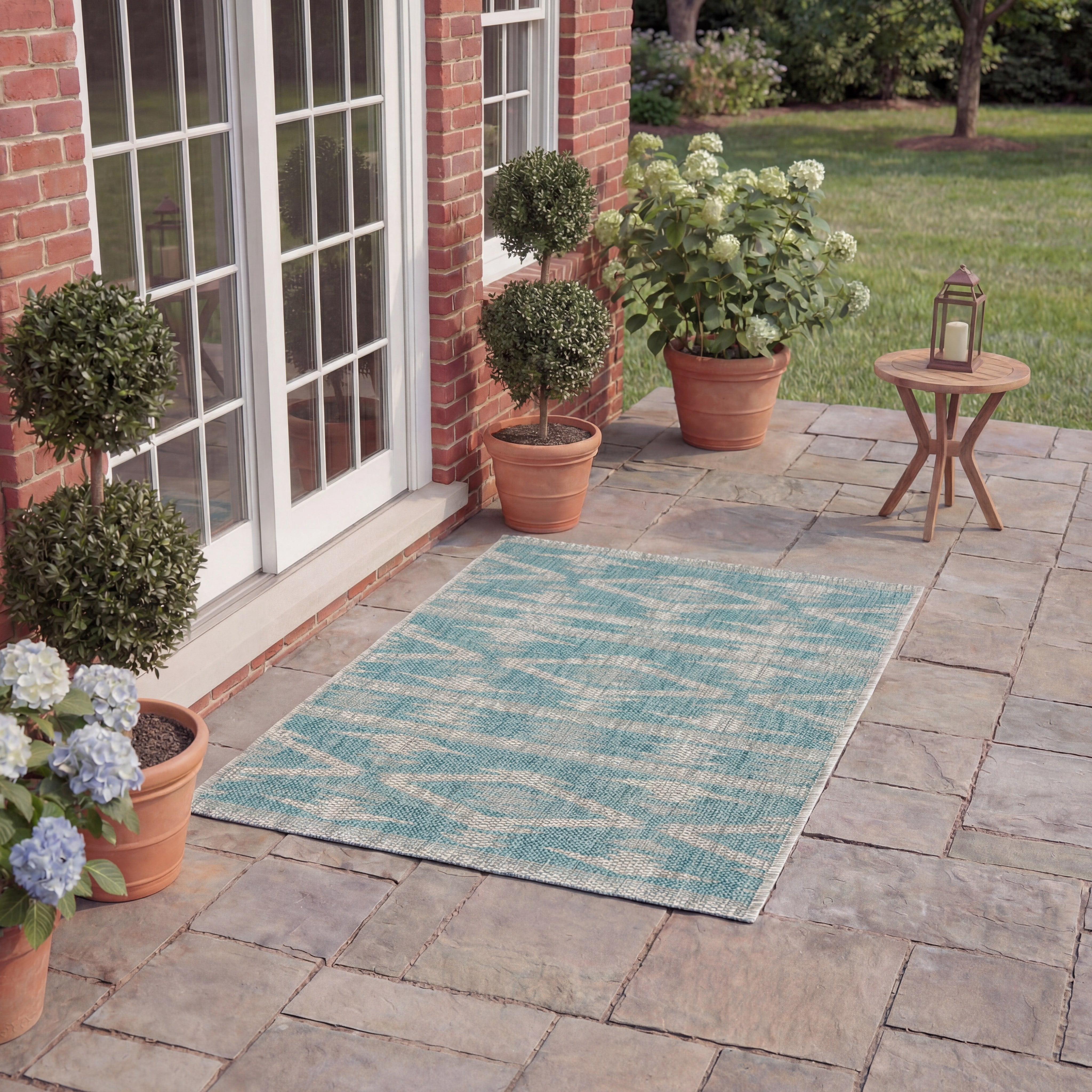 SAFAVIEH Courtyard April Geometric Indoor/Outdoor Area Rug, Aqua/Grey, 5'3" x 7'7"