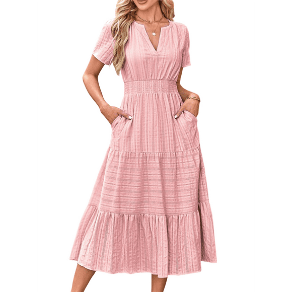 Womens Summer Casual Midi Maxi Dresses Light-Weight Short Sleeve V Neck Elastic Waist Boho Beach Dress Pockets Pink M