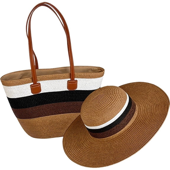 Hsqqdc Straw Tote and Hat Set, Striped Large Capacity Beach Bag with Sun Cap