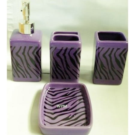- 4 Piece Ceramic Bath Accessory Set: Soap Dispenser, Tumbler, Toothbrush Holder, Soap Dish- Black Purple Zebra Animal Print