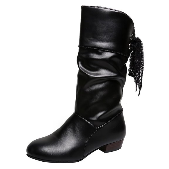 Black Women'S Pleated Student Knight Boots Low Heel With Round Toe Rear Lace-Up Mid Calf Fashion Casual Fall Winter Comfortable Warm Walking Shoes Pu Material