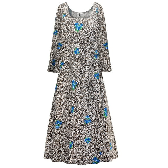 Plus size Womens Dress Cheetah Hydrangea Designer Print Long Sleeve Square Neck Princess Cut