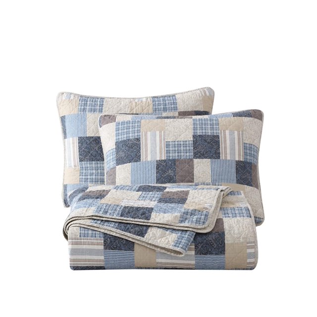 Chezmoi Collection Douglas 3-Piece Printed Patchwork Cotton Quilt Set - Floral Plaid Striped Multicolor - Stone Washed Lightweight Bedspread, King Size