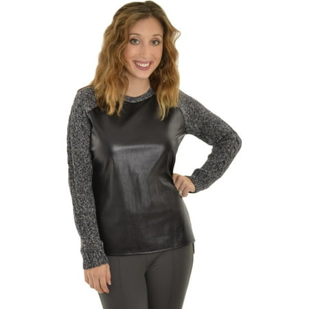 Leather Trim Sweater - Romeo and Juliet Couture Womens Grey Tweed Sweater Black Faux Leather Front