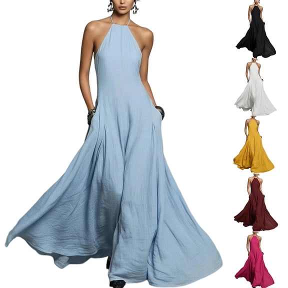Laqbezok Women's Halter Neck Backless Maxi Dress, Casual Sleeveless Open Back Long Gown, Minimalist Summer Beach Sundress with Pockets